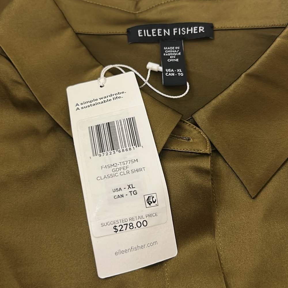 NWT Eileen Fisher Stretch Silk Charmeuse Classic Collar Shirt - Picture 9 of 10